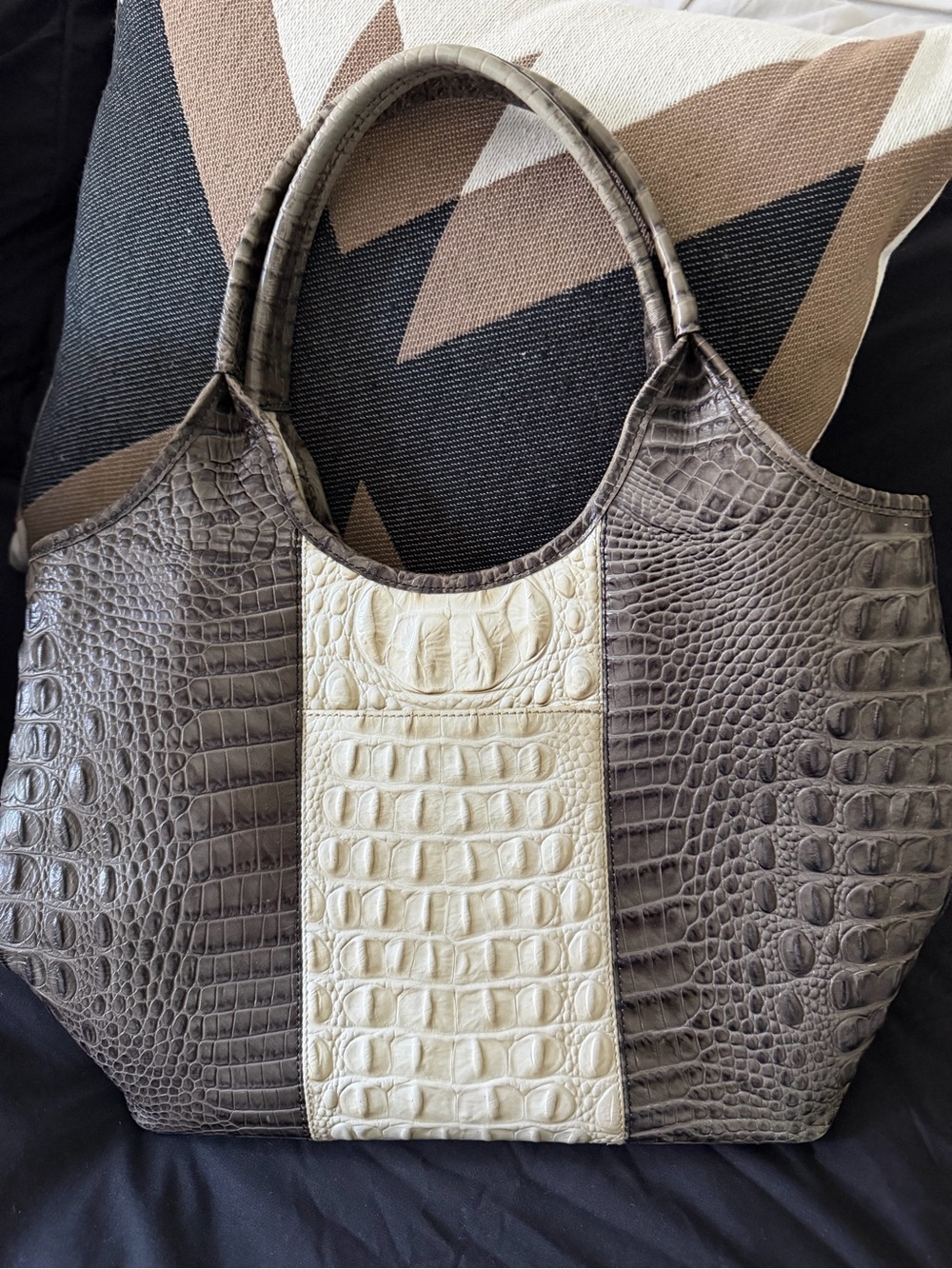 Brahmin Two-Tone Croc-Embossed Tote in Taupe and Cream